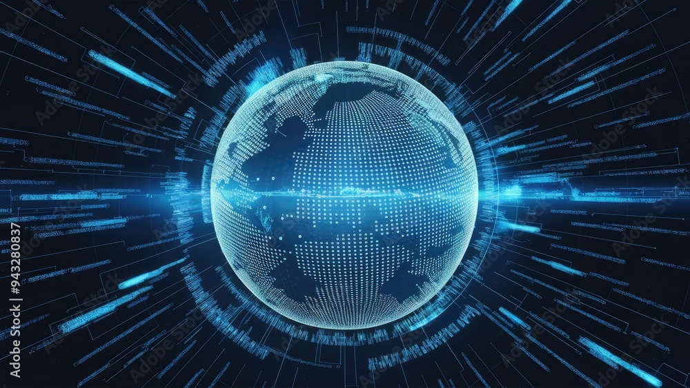 Poster Abstract representation of a digital interface scanning and processing data against a dark backdrop. Concept of global computing and data analytics in a visually striking format.