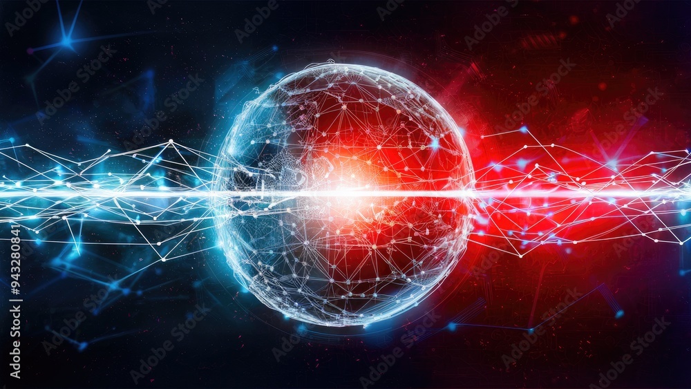 Poster abstract representation of neural networks and big data on a dark blue and red background, featuring