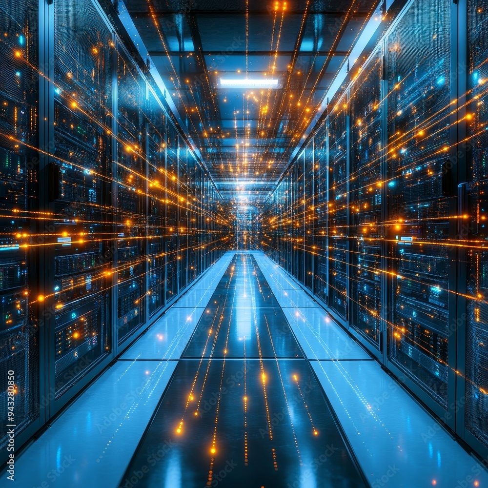 Poster futuristic server room with data flow, network server technology background, cloud computing concept