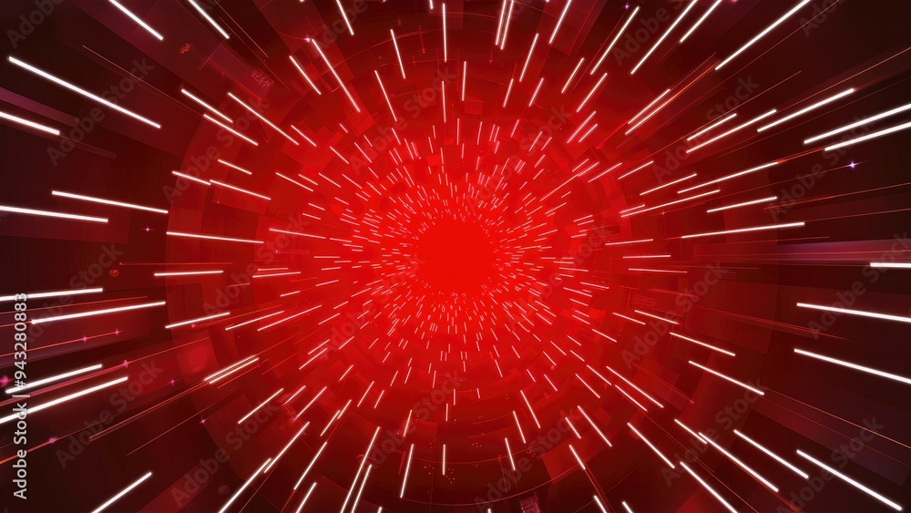Poster abstract red digital tunnel with flowing wave-like particles in motion background