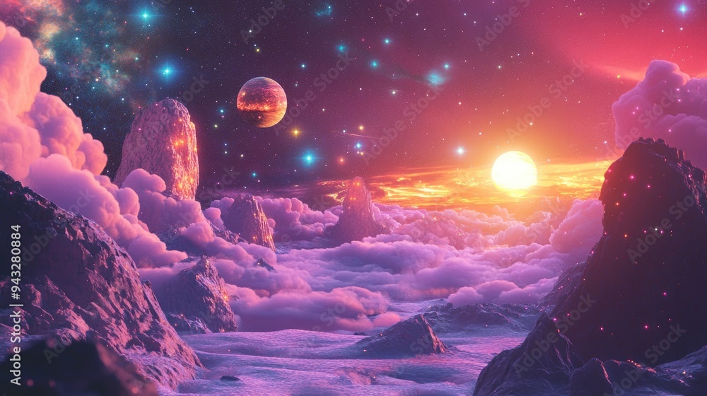 Poster 3d cartoon rendering of a stamp featuring a celestial theme