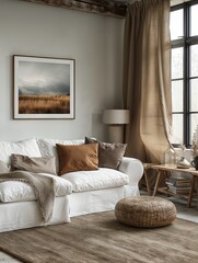Fototapeta premium Farmhouse Style Interior with Black-Framed Horizontal Art and White Background | Modern Living Room