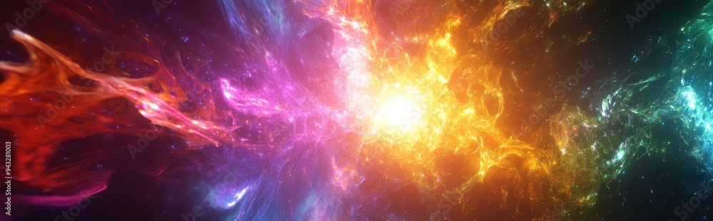 Poster 3D abstract multicolor supernova fractal light background in a cartoon rendering style