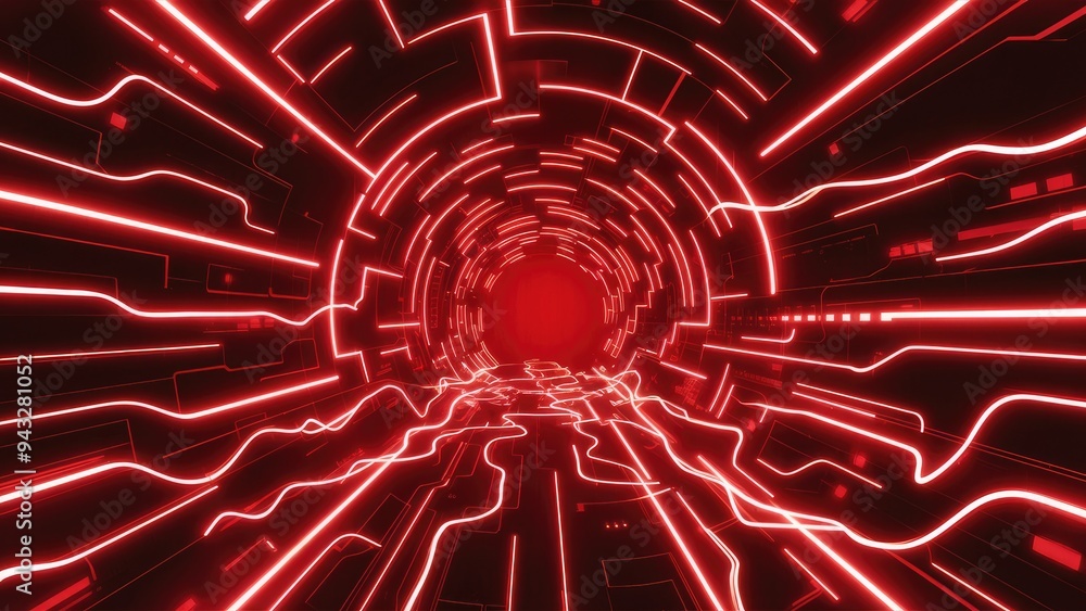 Poster abstract red digital tunnel with flowing wave-like particles in motion background