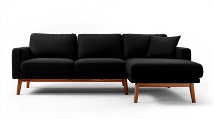 Modern Black L-Shaped Sofa with Wooden Legs against White Background