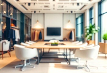 Blur focus of Fashion and modern office interiors. Front view of a loft open space office interior. Blur background, ai