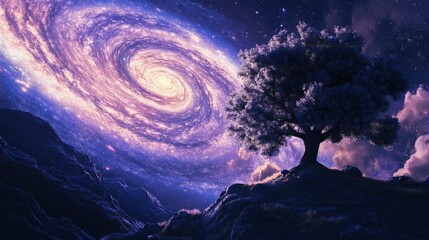 Galaxy and tree in 3D cartoon rendering