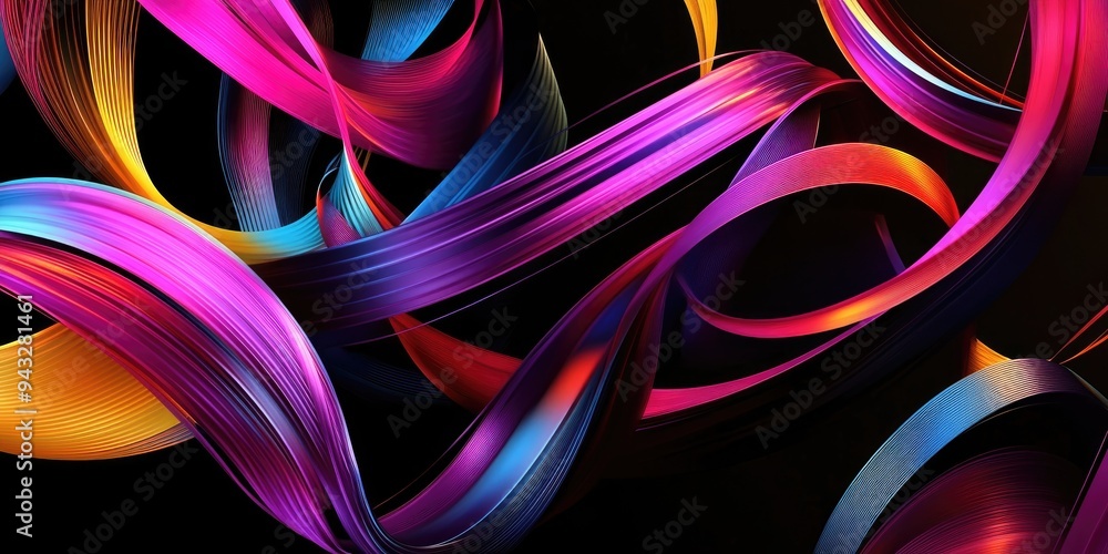 Poster Colored abstract round curves and lines on a black background in a 3D cartoon rendering