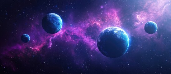 Fototapeta premium Bright interstellar nebulae in space featuring 3D cartoon rendering of planets near cosmic dust and distant Earth like worlds set against a starry background