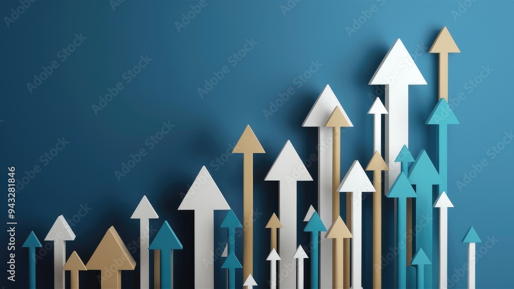Poster abstract upward-pointing arrows on a blue background symbolizing growth, progress, and positive data