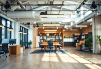 Blur focus of Fashion and modern office interiors. Front view of a loft open space office interior. Blur background, ai
