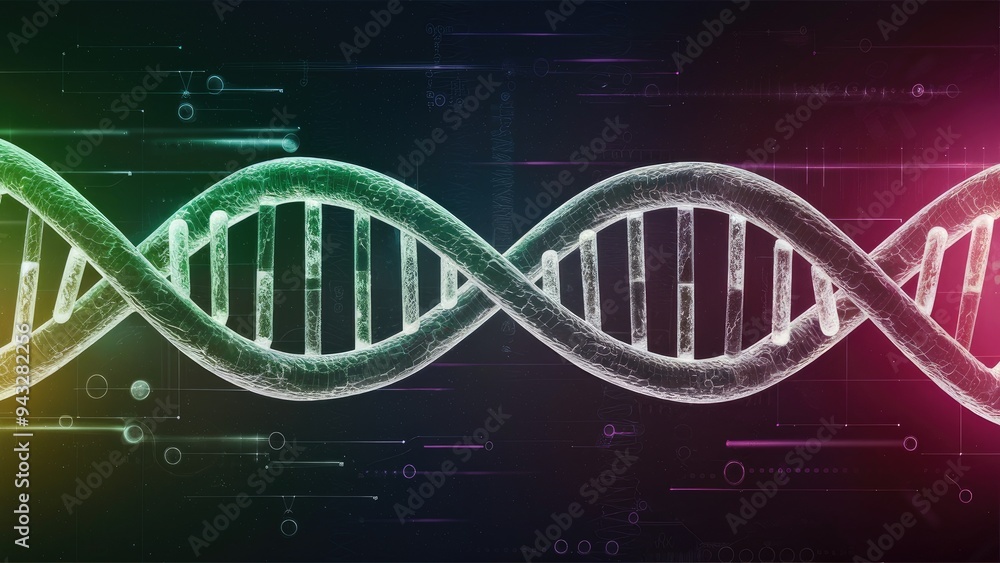 Aufkleber animation of rotating dna structure with green and purple digital waves on a dark backdrop.