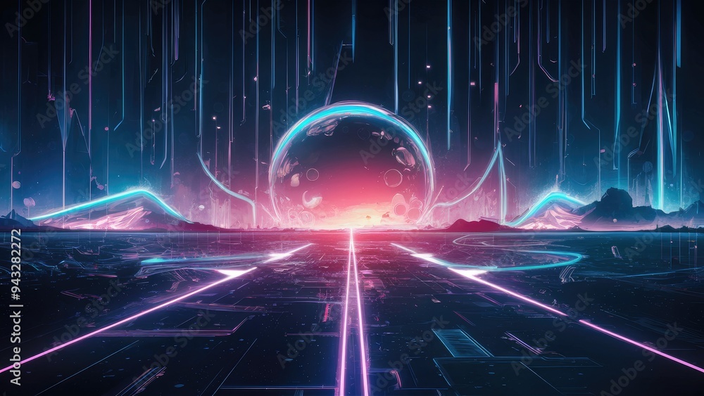Poster animated background featuring falling particles and abstract glowing shapes in a digital art style.