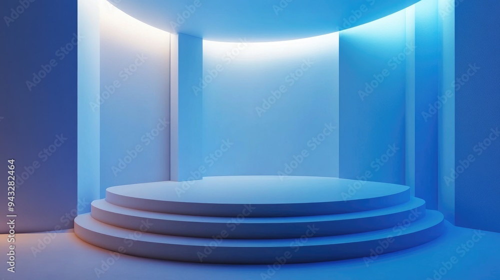 Poster 3d rendered background featuring a white empty stage illuminated with blue light showcasing a modern