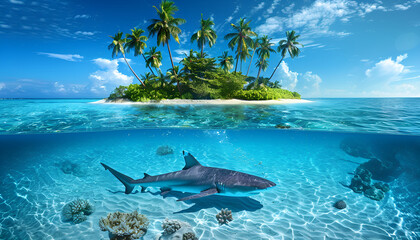 Tropical maldivian island in daylight with rainbow and Great White Shark underwater