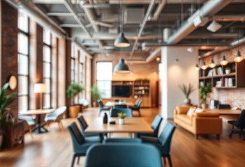 Blur focus of Fashion and modern office interiors. Front view of a loft open space office interior. Blur background, ai