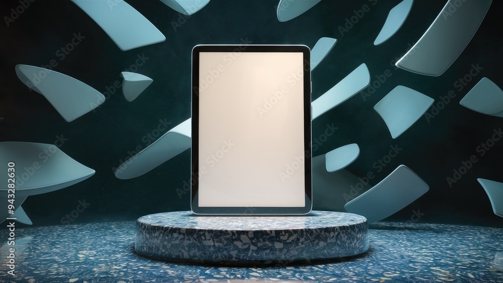 Poster blank screen digital tablet on a terrazzo podium with a dark abstract background, showcasing technol