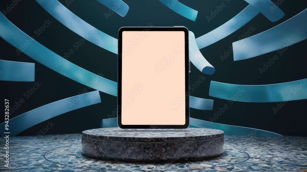 Poster blank screen digital tablet on a terrazzo podium with a dark abstract background, showcasing technol