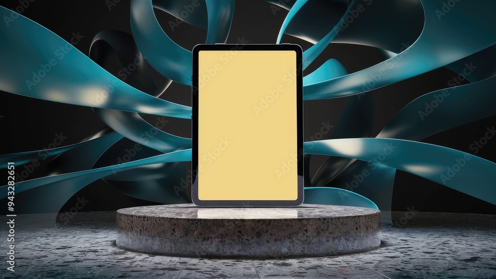 Poster blank screen digital tablet on a terrazzo podium with a dark abstract background, showcasing technol