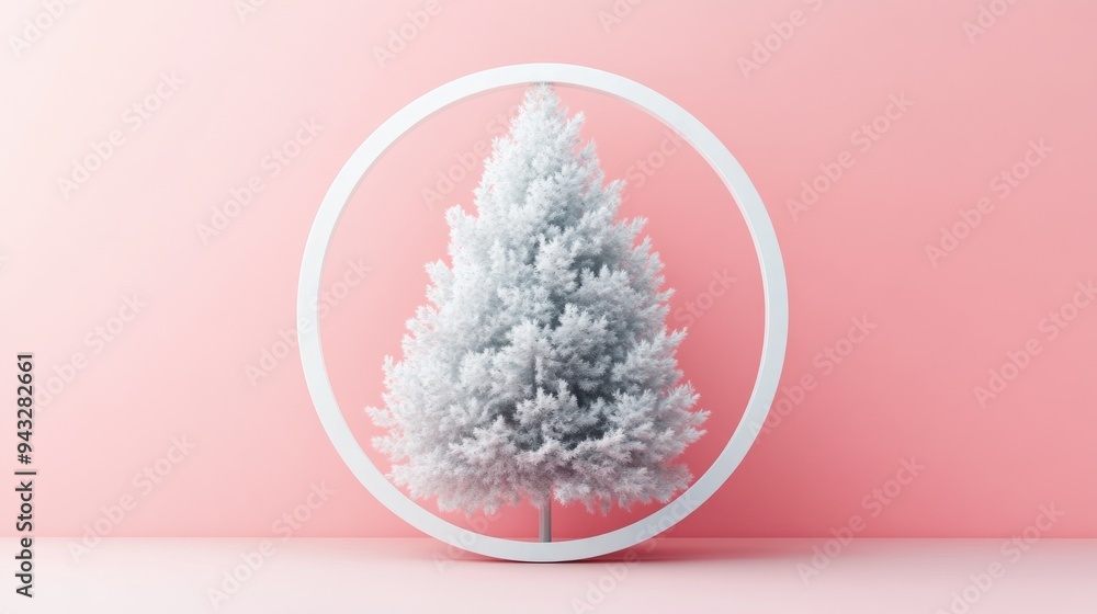 Poster 3d rendering of a minimalist design featuring a soft fluffy coniferous tree with a white crown set a