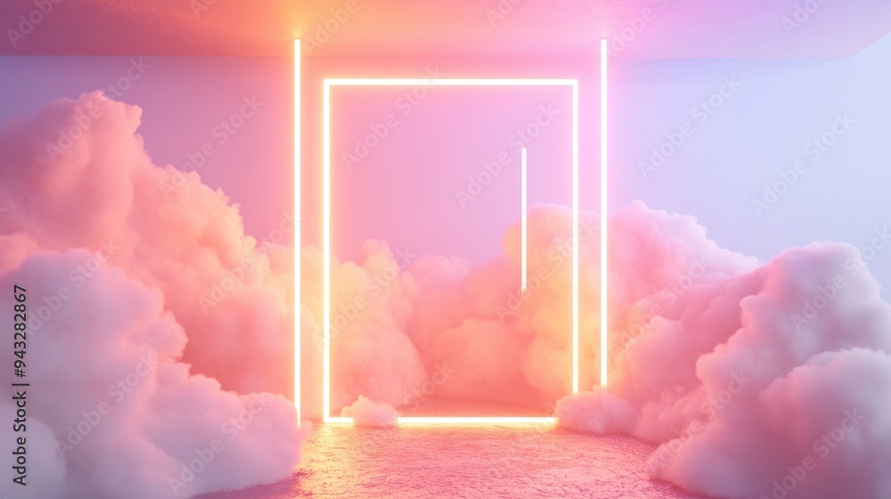 Aufkleber 3d rendering of an abstract minimalist background featuring pastel clouds and a glowing linear squar