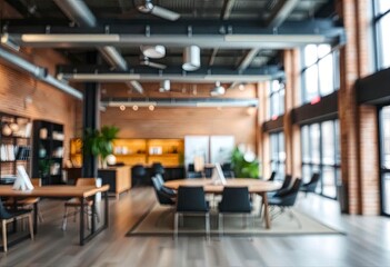Blur focus of Fashion and modern office interiors. Front view of a loft open space office interior. Blur background, ai