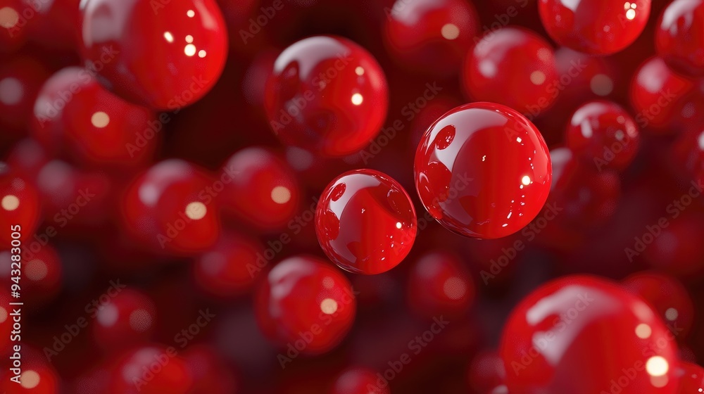 Poster 3d rendering of numerous red metallic spheres suspended in a background resembling red liquid