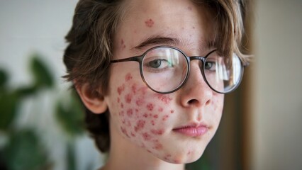 Teenage boy with bad acne. Realistic photography, problem skin concept, for design, blog, social media, advertising