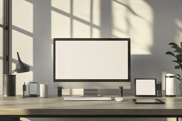 Modern workspace with computer and sunlight shadows
