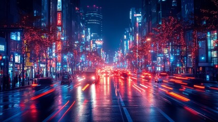 Bright neon lights illuminate a busy street filled with cars during a rainy night in the city.