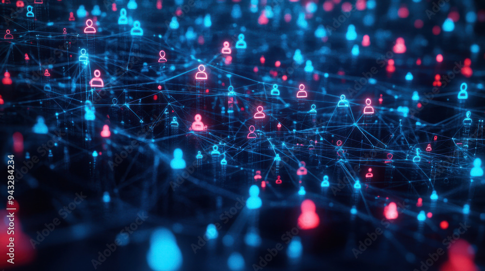 Poster social network diagram, visual representation of a social network featuring blue and red user icons 