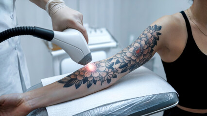 A cosmetologist uses a laser device to remove a tattoo from a woman's arm. Modern technology for tattoo removal and skin correction. Beauty, medicine, and healthcare concept for clinics and salons