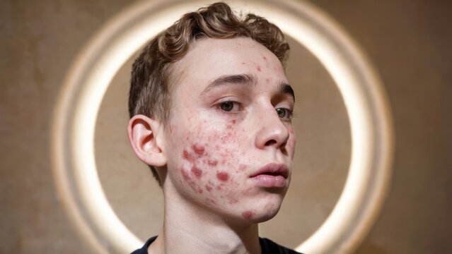 Teenage boy with acne problem on his face. Skin care concept for teenagers. Portrait of a young man with acne on a beige background with a ring light. modern, lifestyle, beauty, for design