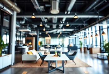 Blur focus of Fashion and modern office interiors. Front view of a loft open space office interior. Blur background, ai
