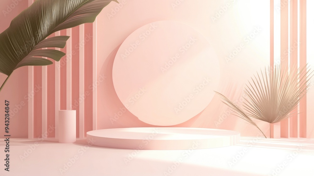 Poster abstract empty podium featuring geometric shapes mock up platforms for product presentation and a cr