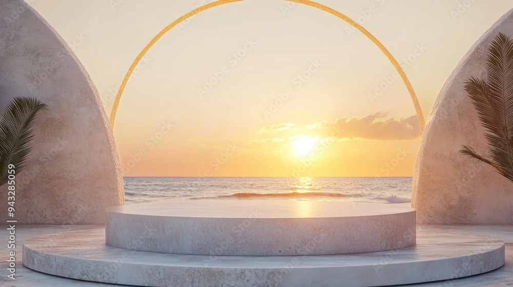 Aufkleber 3D podium with blank space for product showcase set against an abstract background of a sunset beach Concept of summer and vacation Graphic rendering and artistic design