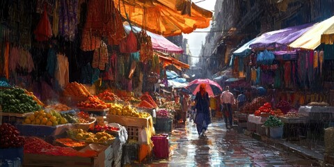 Obraz premium Rainy market street with colorful stalls and people.