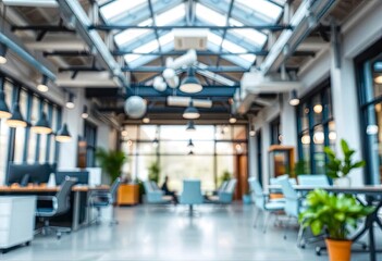 Fototapeta premium Blur focus of Fashion and modern office interiors. Front view of a loft open space office interior. Blur background, ai