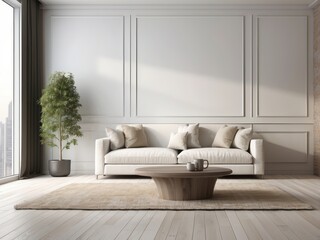 Minimalist Living Room with White Sofa, Wooden Coffee Table, and Beige Rug