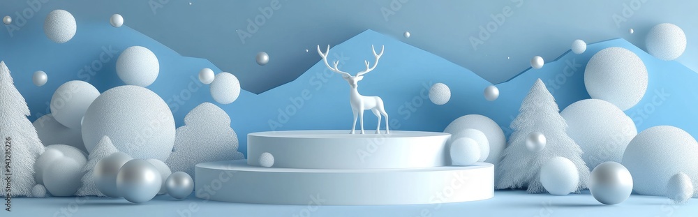 Aufkleber 3D rendering of an abstract holiday scene featuring a blue background and a white podium with a reindeer