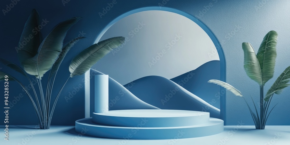 Aufkleber 3D rendered abstract background featuring geometric shapes and podium for product showcasing in a minimalistic design with a blue color scheme