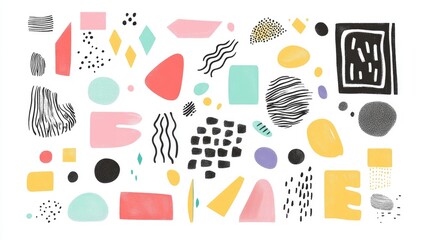 Collection of hand drawn elements featuring abstract geometric shapes on a white background Colorful freehand illustration