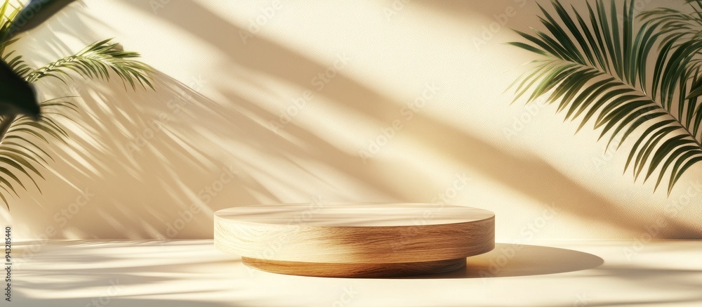 Aufkleber 3d backdrop featuring a wooden podium display natural beige banner with shadows product showcase for