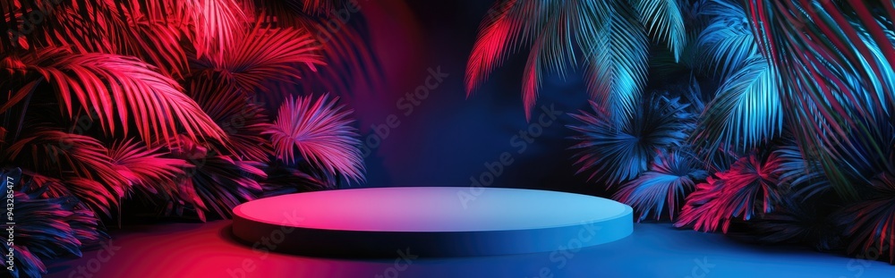Poster 3d podium with empty space for product showcase against an abstract tropical background summer and v