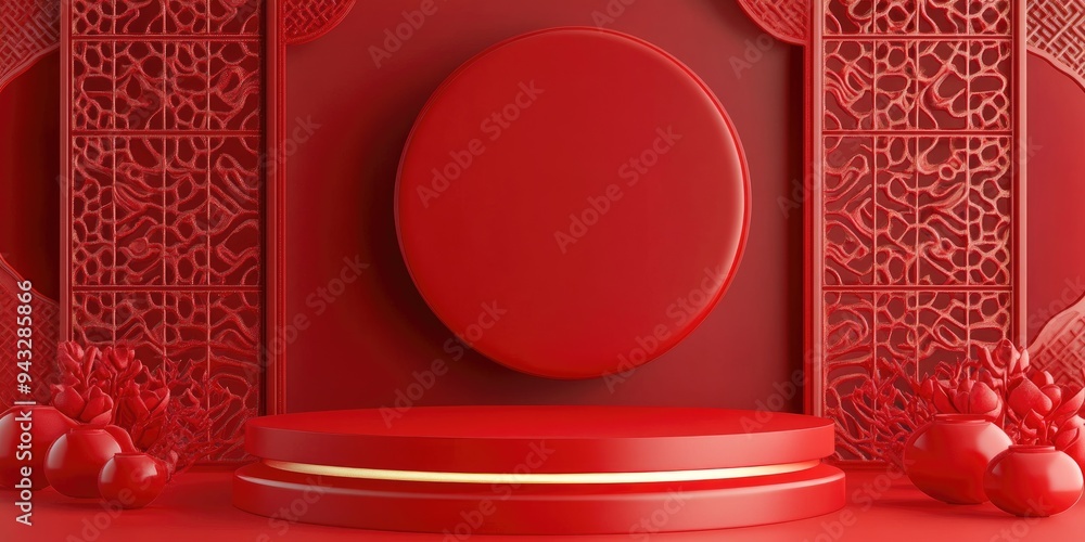 Aufkleber 3d abstract background in chinese style featuring a product podium mockup on a red backdrop 3d rende