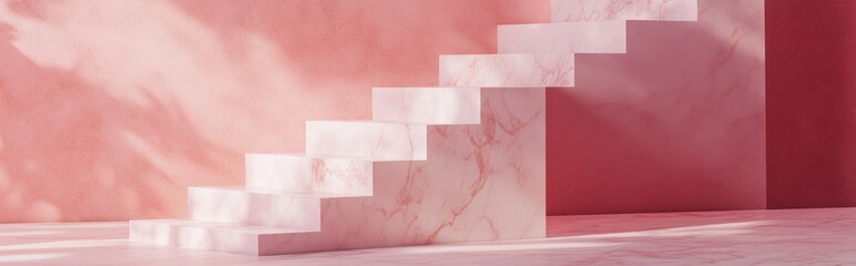 3D rendering of a stair shaped display stand featuring pink and white colors with a marble texture and a pastel background