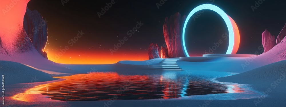 Poster 3D rendering of a surreal landscape featuring neon forms reflected in water and vibrant sand A podium and abstract shapes create a fantastical futuristic scene