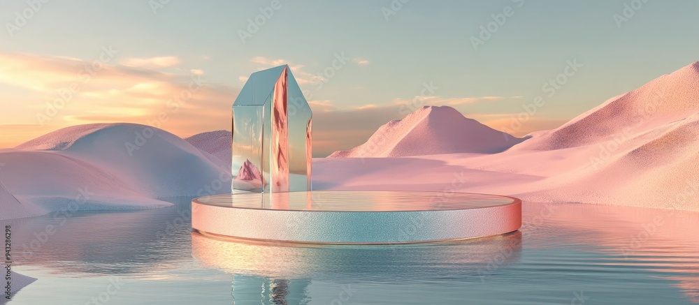 Poster 3D rendering of a surreal landscape featuring a round podium on water with vibrant sand The podium stands against an abstract backdrop of glass and mirrored shapes creating a fantastical and futuri