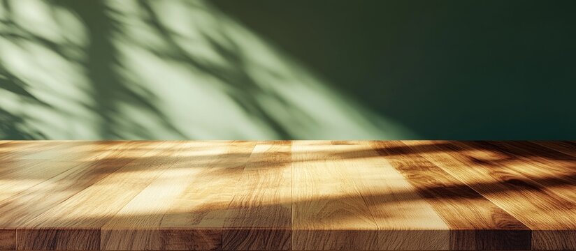 3D render of an empty elegant fine oak wood surface showcasing beautiful wood grain illuminated by morning sunlight with dappled light on a plain green wall in the background Ideal backdrop for bea
