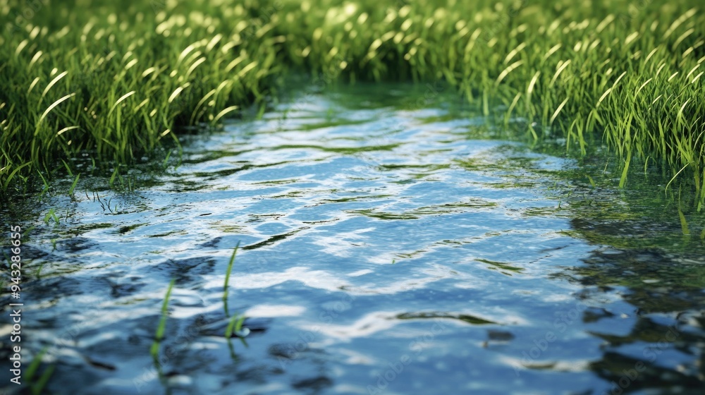 Poster 3d rendering of a water and grass surface